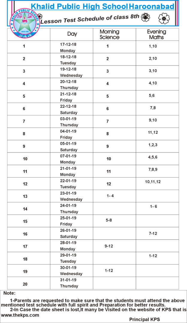 Lesson Test Schedule 8th-18