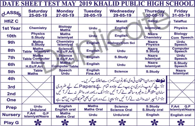 Date sheet Month May 2019