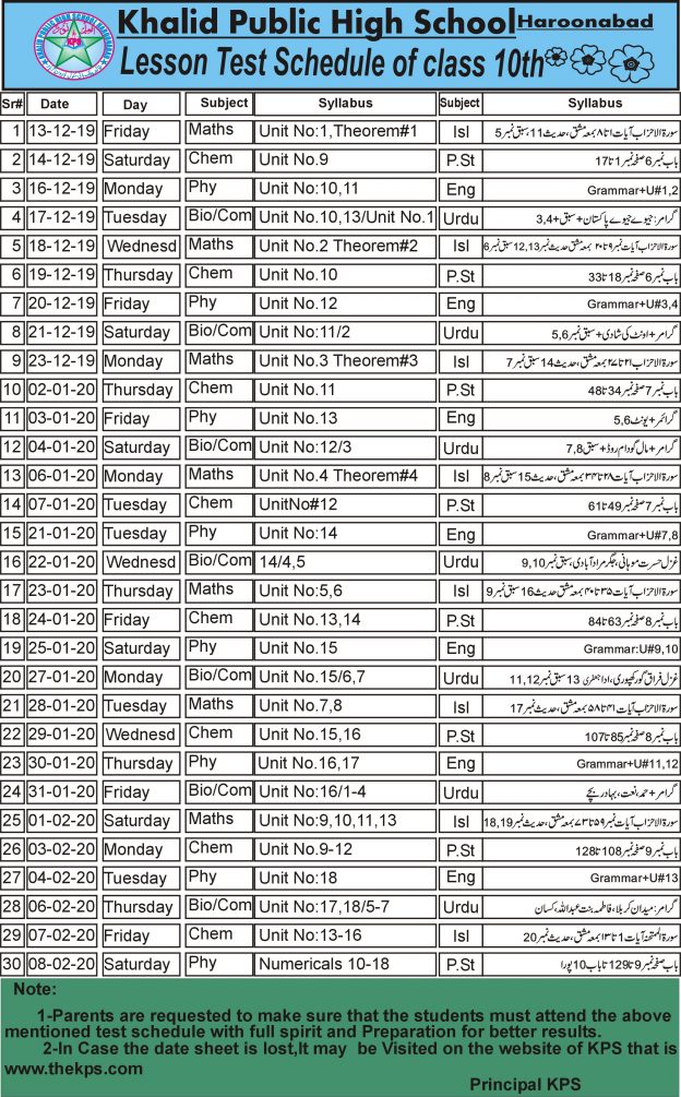 Series Test Schedule Class 10th  2019
