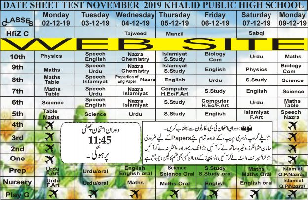 Date Sheet Test November 2019