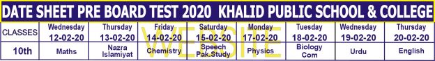 Date Sheet Pre Board Test Class 10th 2020